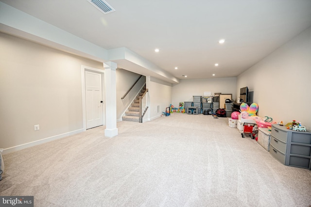 game room featuring carpet floors and ornate columns