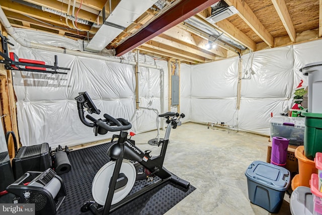 workout area with electric panel and concrete floors