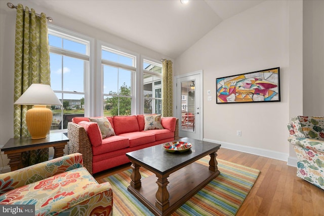 living room with vaulted ceiling and hardwood / wood-style flooring