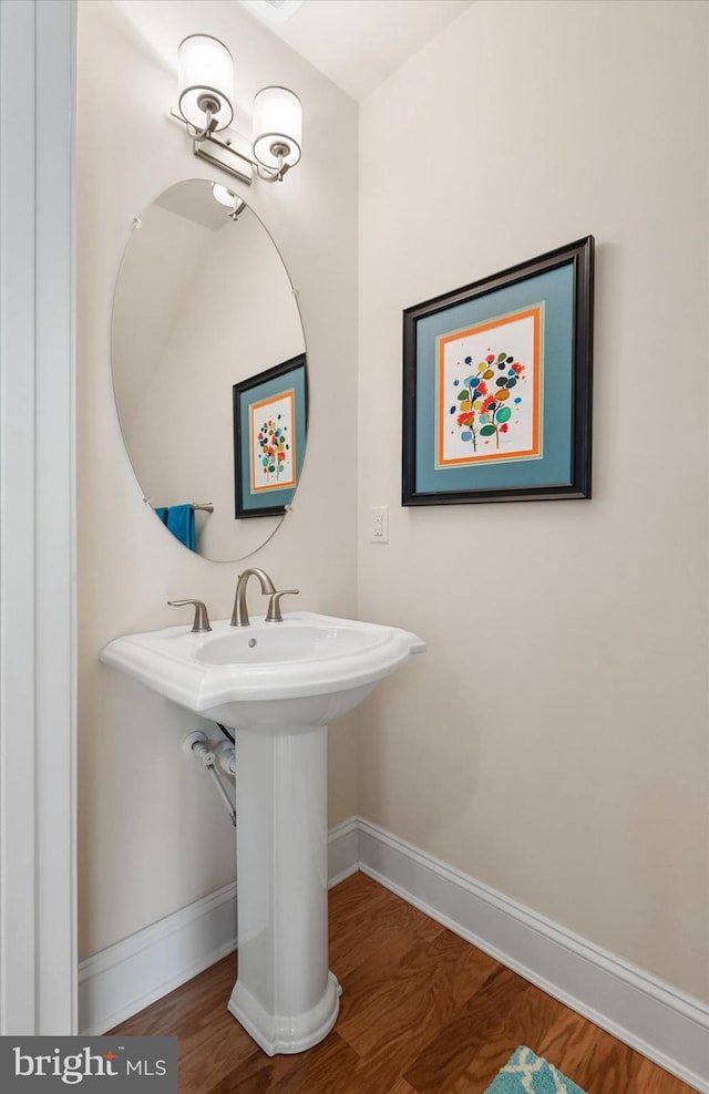 bathroom with hardwood / wood-style floors