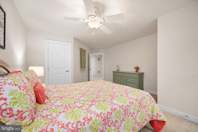 bedroom featuring ceiling fan and carpet floors