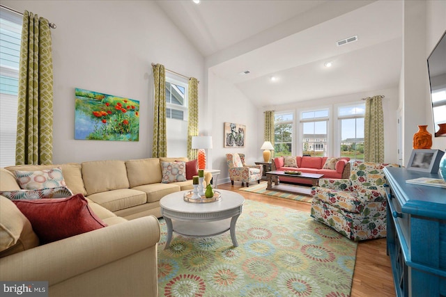 living room featuring high vaulted ceiling and wood-type flooring