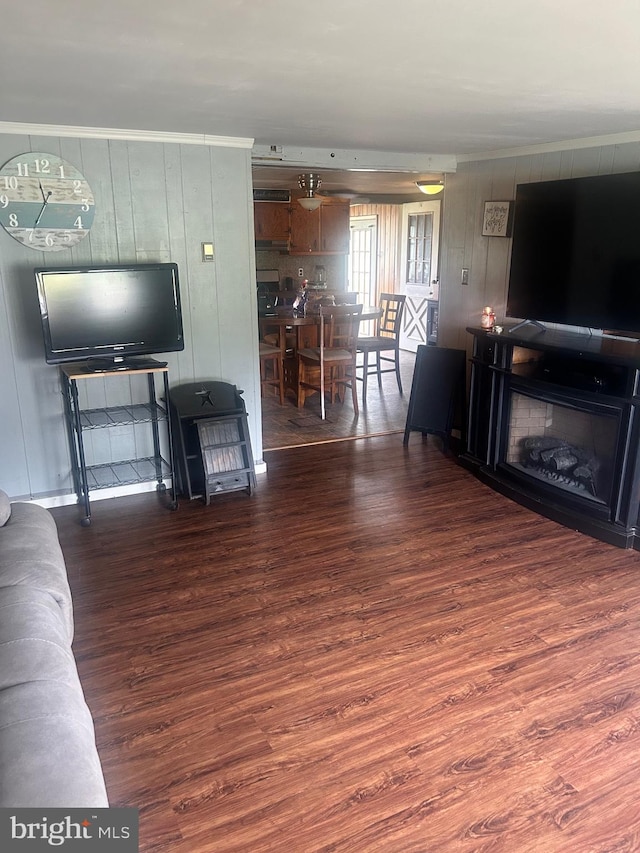 living room featuring dark wood-type flooring and wooden walls