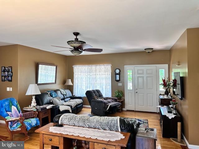 living room with light wood-type flooring and ceiling fan