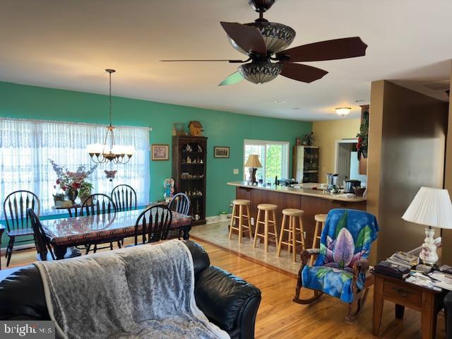 dining space featuring light wood finished floors and ceiling fan with notable chandelier