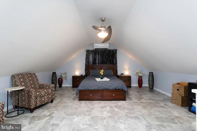 bedroom with a ceiling fan, lofted ceiling, carpet flooring, and baseboards