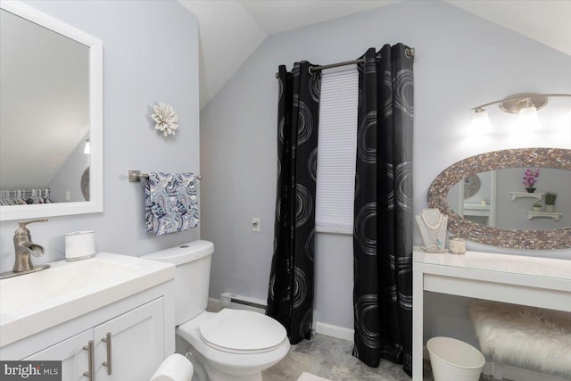 full bathroom with toilet, a baseboard heating unit, vanity, vaulted ceiling, and a shower with curtain