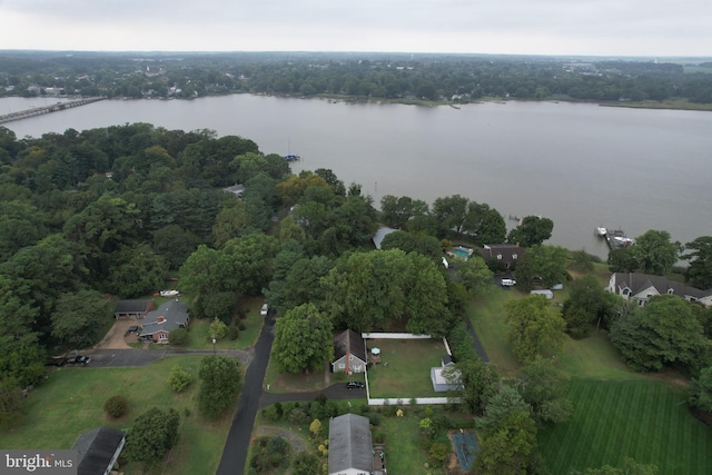 drone / aerial view featuring a water view