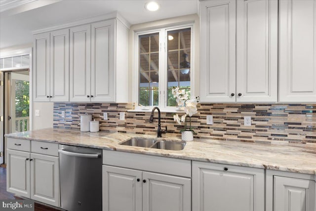 kitchen featuring dishwasher, white cabinets, and sink