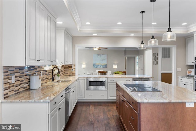 kitchen with kitchen peninsula, appliances with stainless steel finishes, dark wood-type flooring, sink, and white cabinets