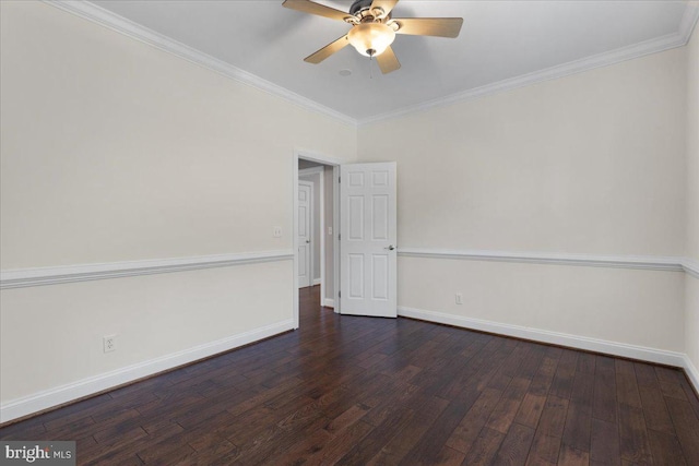 empty room with crown molding, dark hardwood / wood-style flooring, and ceiling fan