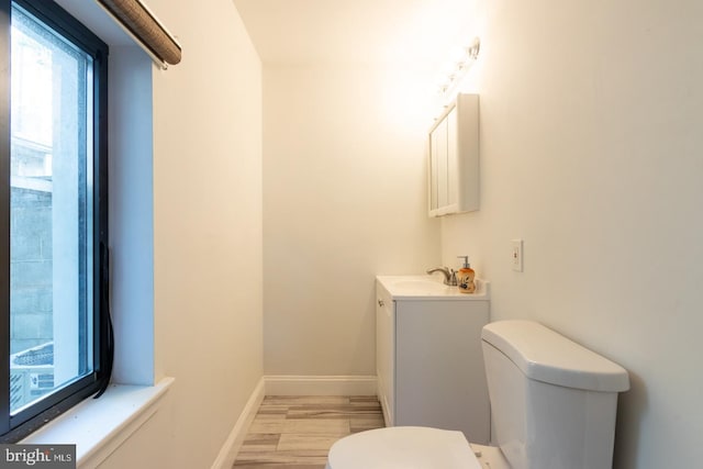 bathroom featuring toilet, hardwood / wood-style flooring, and vanity