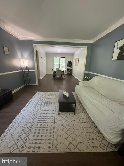 living room featuring crown molding, baseboards, and wood finished floors