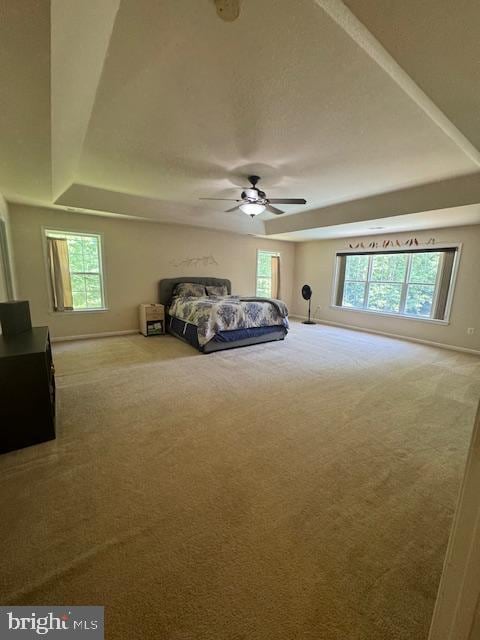 carpeted bedroom featuring a ceiling fan, a raised ceiling, and baseboards