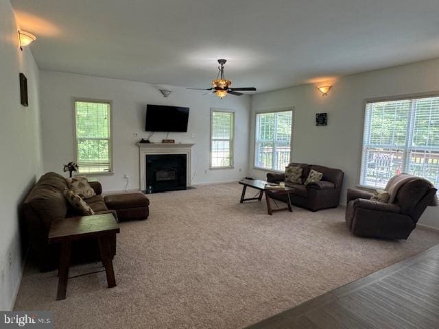 carpeted living room featuring a fireplace with flush hearth and ceiling fan