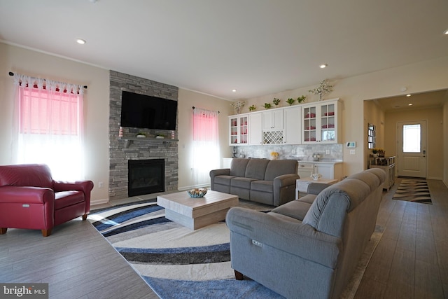 living room featuring hardwood / wood-style flooring and a fireplace