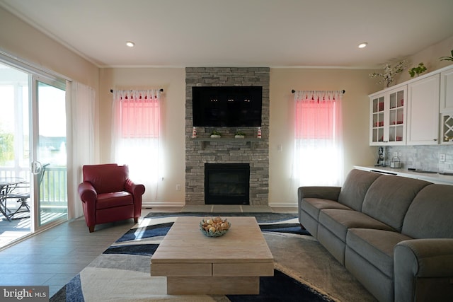 living room with a fireplace, crown molding, and light hardwood / wood-style flooring