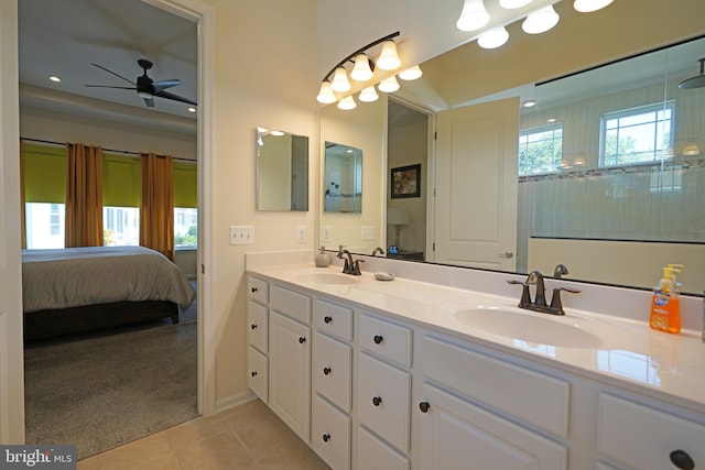 bathroom featuring vanity, ceiling fan, and tile patterned floors