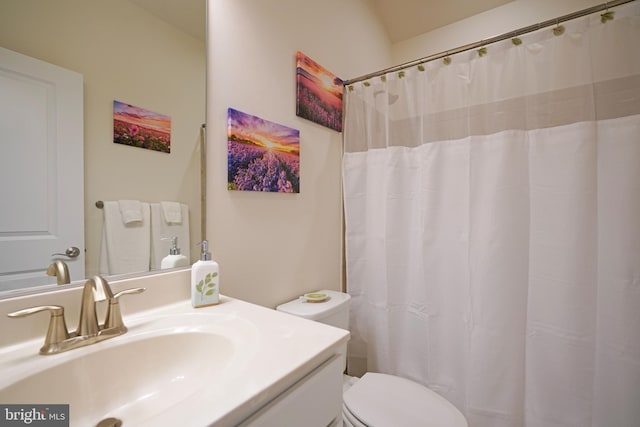 bathroom featuring vanity, toilet, and a shower with shower curtain