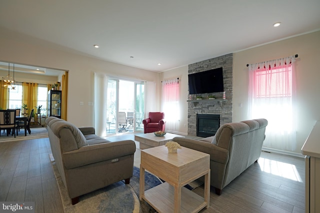 living room featuring a healthy amount of sunlight, hardwood / wood-style floors, and a stone fireplace