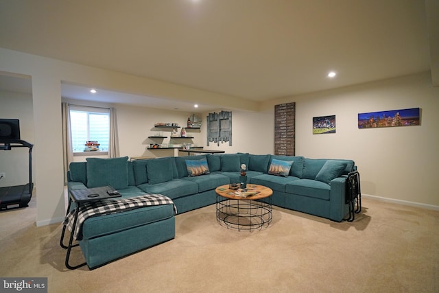 living room featuring light colored carpet