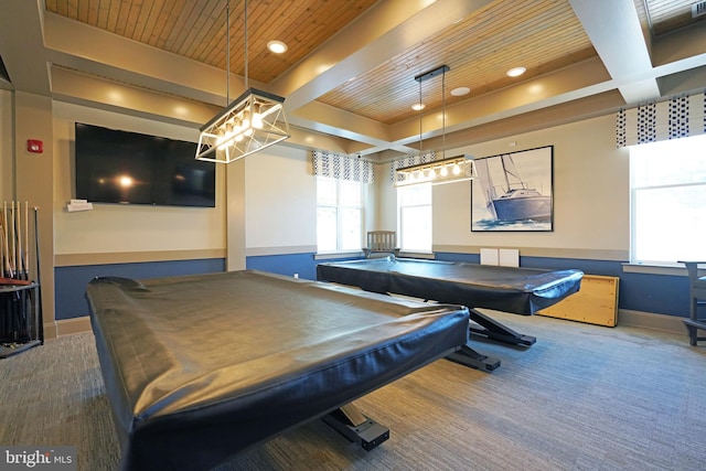 recreation room with billiards, beam ceiling, and wooden ceiling