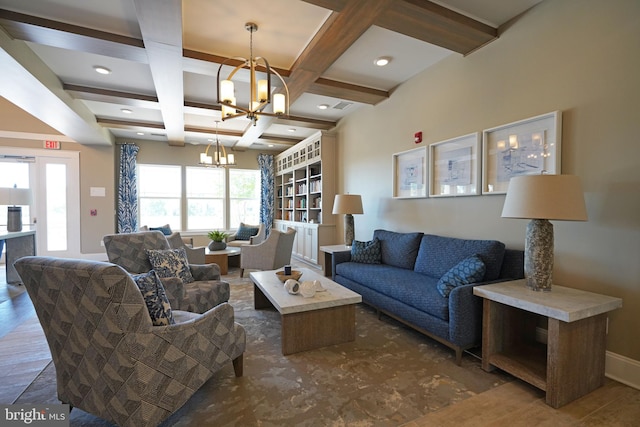 living room featuring coffered ceiling, beam ceiling, and a chandelier