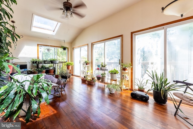 interior space featuring ceiling fan, dark hardwood / wood-style floors, and lofted ceiling with skylight