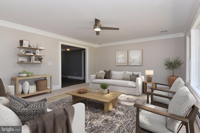 carpeted living room with a baseboard heating unit, crown molding, and ceiling fan