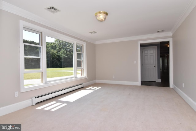 empty room with visible vents, a baseboard heating unit, baseboards, ornamental molding, and light carpet