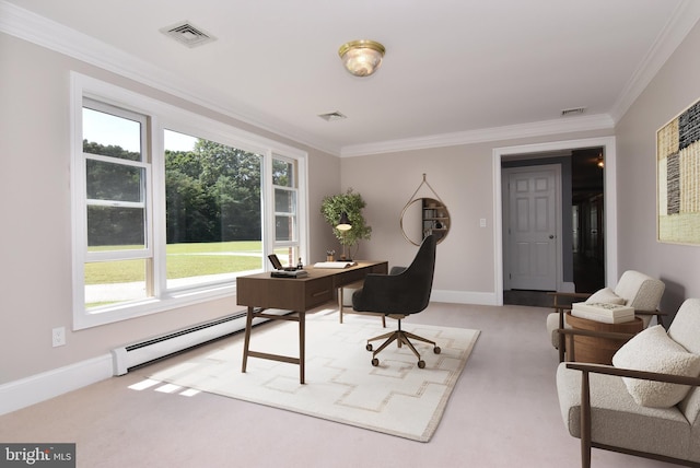 carpeted office space featuring baseboard heating and crown molding