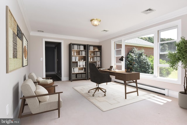 home office featuring visible vents, carpet floors, baseboard heating, and ornamental molding