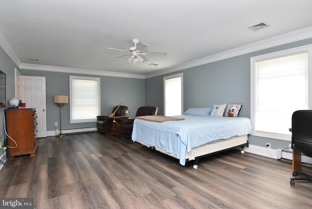 bedroom featuring crown molding, dark wood-type flooring, ceiling fan, and a baseboard radiator