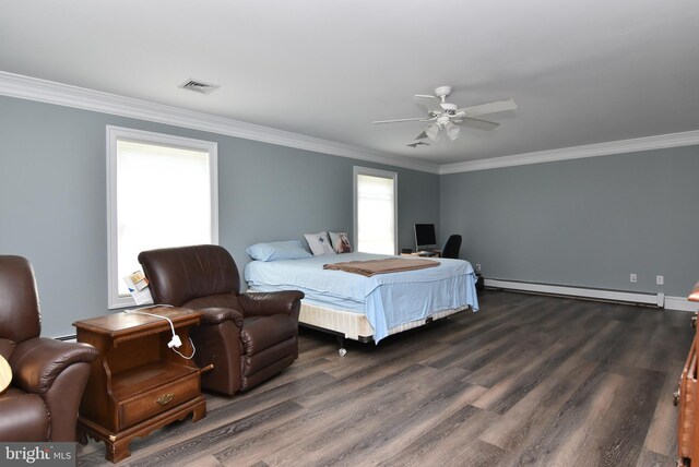 bedroom featuring a baseboard radiator, dark hardwood / wood-style floors, crown molding, and ceiling fan