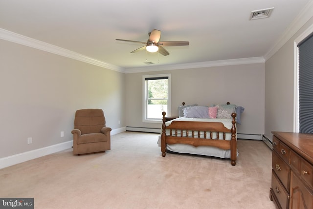 bedroom featuring ceiling fan, baseboard heating, light carpet, and ornamental molding