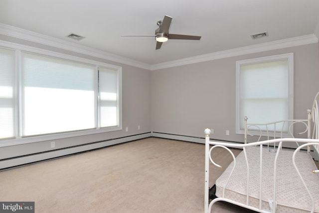 bedroom with crown molding, ceiling fan, a baseboard radiator, and light colored carpet