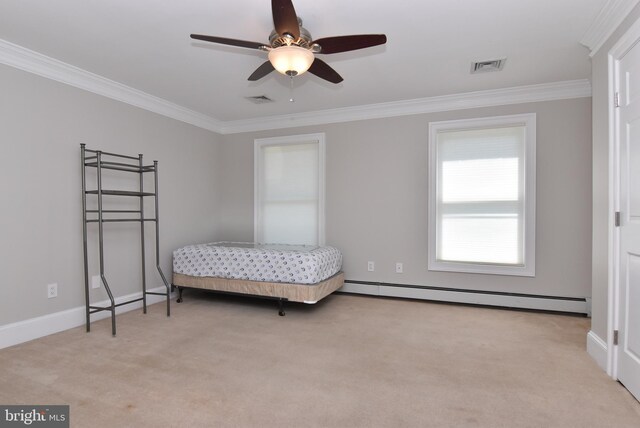 bedroom with ornamental molding, light colored carpet, baseboard heating, and ceiling fan