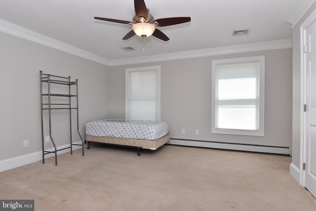 bedroom with a baseboard heating unit, light carpet, visible vents, and ornamental molding