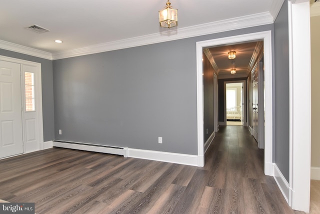 foyer entrance featuring crown molding, dark wood-type flooring, and baseboard heating