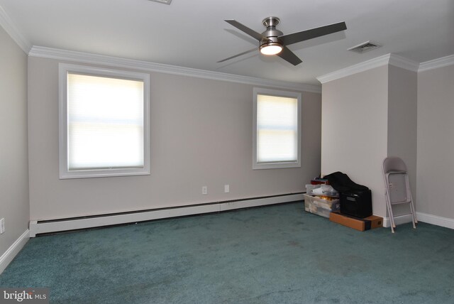 interior space with crown molding, baseboard heating, ceiling fan, and carpet flooring