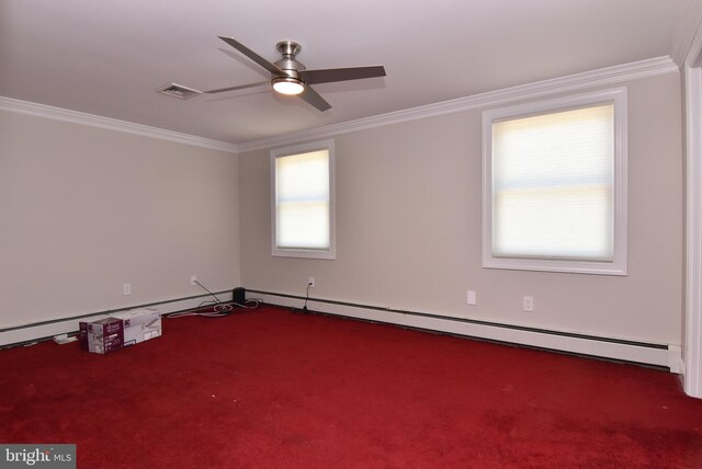 unfurnished room featuring ornamental molding, ceiling fan, and carpet flooring