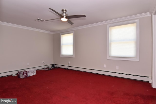 carpeted spare room featuring a baseboard radiator, crown molding, visible vents, and ceiling fan