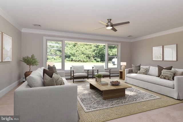 living room featuring crown molding, plenty of natural light, and ceiling fan