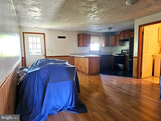 kitchen with a peninsula, stainless steel electric range, a sink, under cabinet range hood, and light wood-type flooring