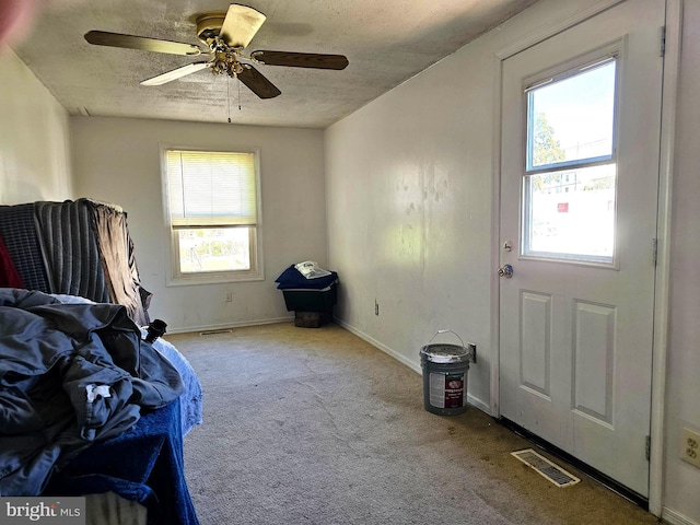 interior space featuring a wealth of natural light, visible vents, carpet flooring, and a textured ceiling