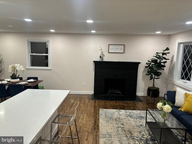 living room with dark wood-type flooring and a fireplace