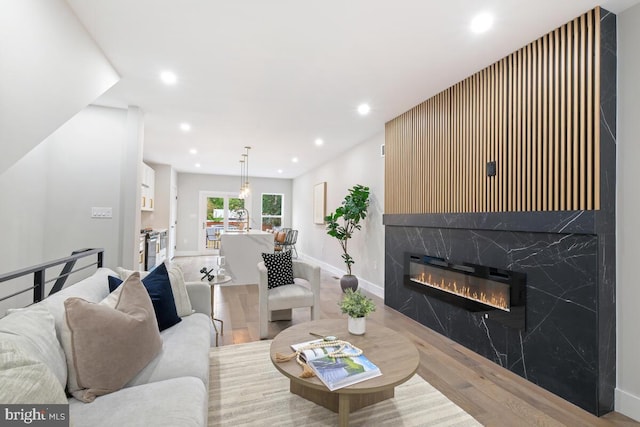 living room featuring light hardwood / wood-style flooring and a fireplace