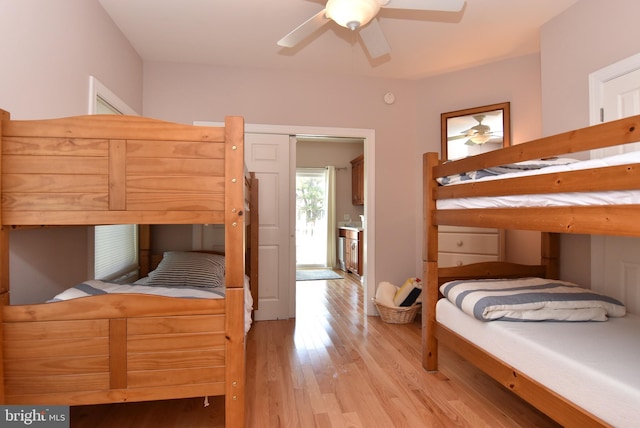 bedroom featuring light wood-type flooring and ceiling fan