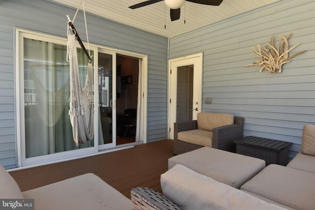 view of patio with ceiling fan and an outdoor hangout area