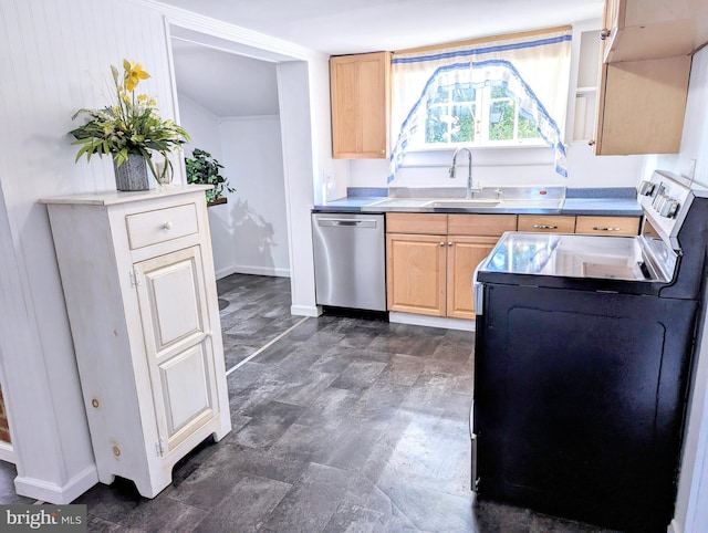 kitchen with light brown cabinets, stainless steel dishwasher, sink, and range with electric stovetop